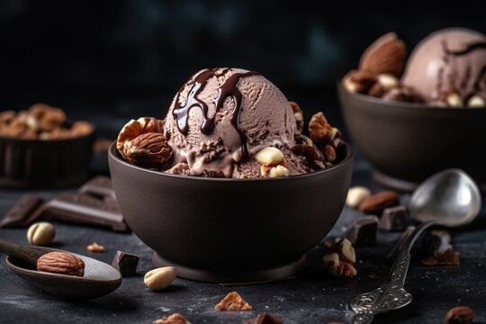 Ice cream covered with dark chocolate in a black bowl. Generated ai.