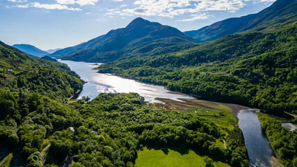 Aerial view of Kinlochleven and Loch Leven in the Scottish Highlands