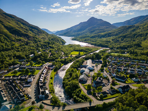 Aerial view of Kinlochleven and Loch Leven in the Scottish Highlands