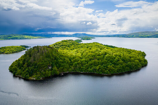 Drone view of small islands on Loch Lomond (Highlands, Scotland)