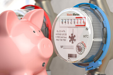 Water meter with piggy bank. Water consumption, cost of utilities and payment for water concept.