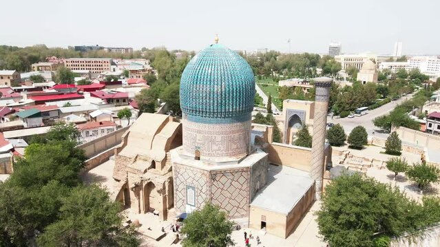 Samarkand, Uzbekistan aerial view of  Gur-e-Amir - a mausoleum of the Asian conqueror Timur (also known as Tamerlane). Famous travel destination in Uzbekistan