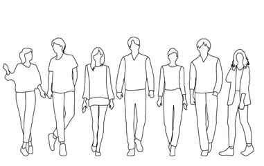 Vector silhouettes of  men and a women, a group of standing  business people,  linear sketch, black and white color isolated on white background