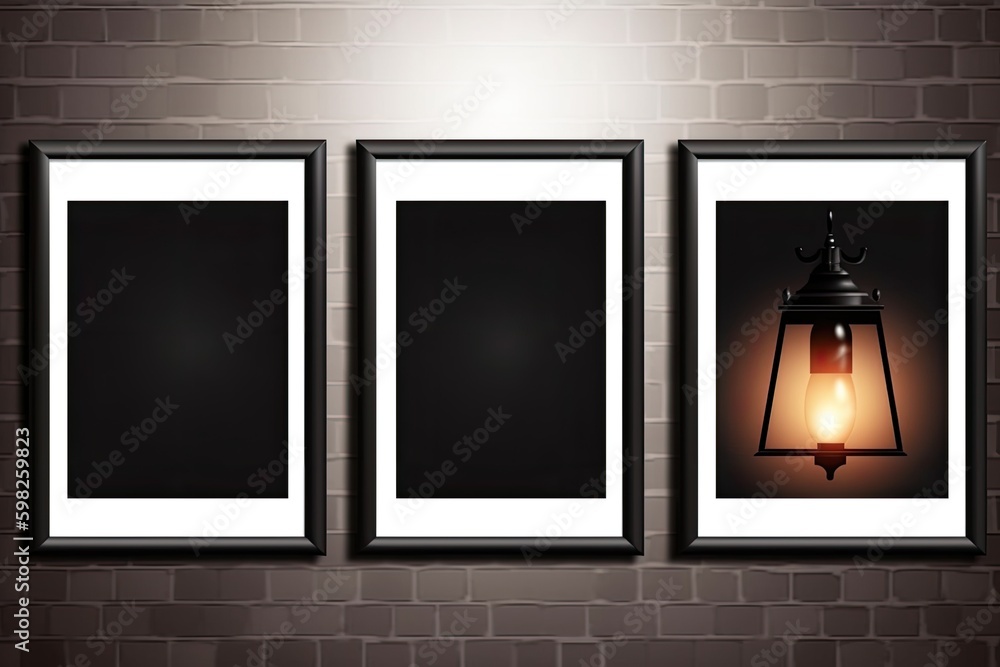 Aufkleber three frames hanging on a brick wall with different artworks. generative ai generative ai