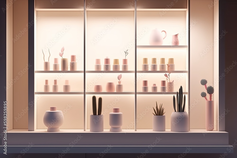 Poster storefront window with a variety of colorful vases and succulent plants on display. generative ai ge