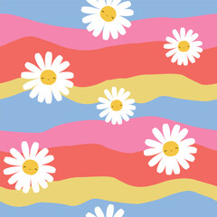 Wavy seamless pattern with happy chamomiles. Funny bright print. Vector hand drawn illustration. - 598260215