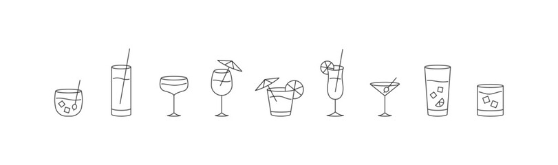 Cocktail thin line icon set. Alcohol beverage logo. Vector EPS 10