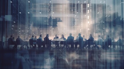 Double exposure image of many business people conference group meeting on city office building in background showing partnership success of business deal. Concept of teamwork, Generative AI