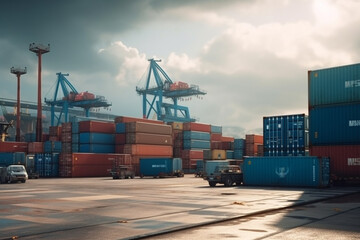 Aerial view of stacked shipping containers at a busy port with cranes and cargo ships in the background. Ai generated.