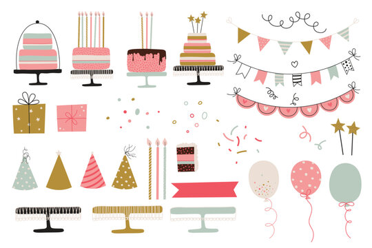 Birthday party elements set. Vector illustration in simple style