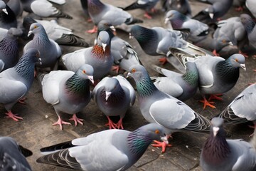A bird's eye view of a flock of pigeons gathered in a city squar