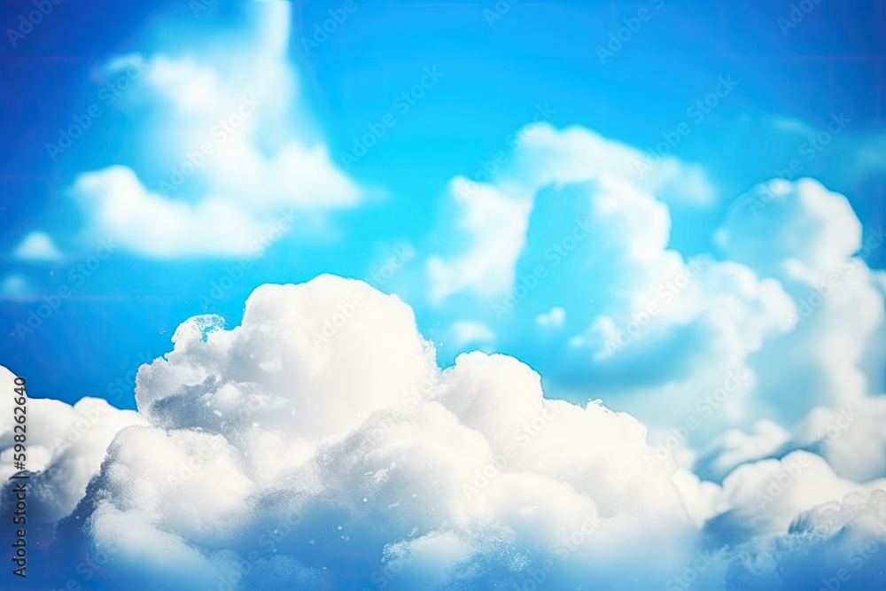 Poster plane flying in a blue sky with white clouds. generative ai generative ai