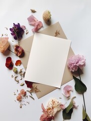 Vertical top view blank card with flowers Abstract organic flowers Blooming floral on white background for invitation card