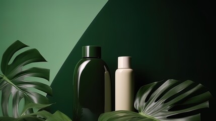 Premium podium background for the presentation cosmetic product with bottle green tropical plant leaf for beauty treatment products