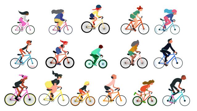 Des cyclistes avec des genres, âges, origines, corpulence différents, mixité et inclusion sociale - Illustration vectorielle