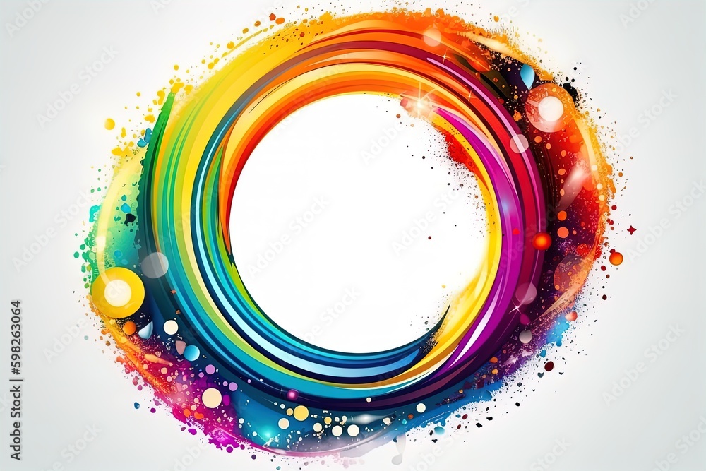 Wall mural abstract colorful circle frame made of liquid paint explosion with drops with empty white space.