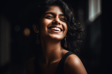 Indian Woman in Dark Light: Smiling with Playful and Relatable
