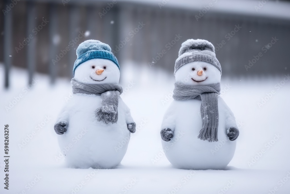 Aufkleber two snowmen with different accessories standing in a snowy landscape. generative ai generative ai