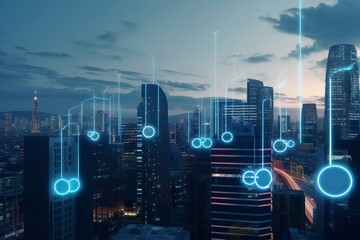 Obraz premium Futuristic smart city with 5g global network technology, city in the night, city skyline at night, modern city skyline, Generative AI