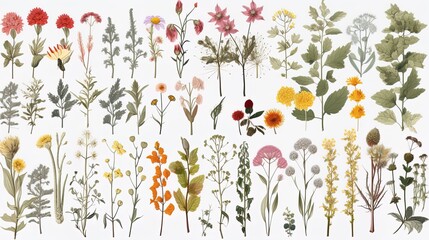 Blooming flowers tropical plant leaf floral bouquets collection with leaves