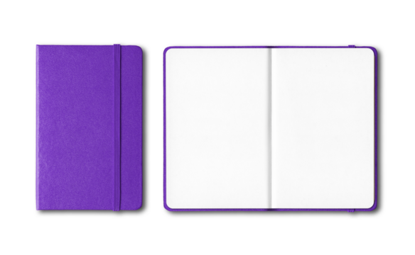 Purple closed and open notebooks isolated on transparent background