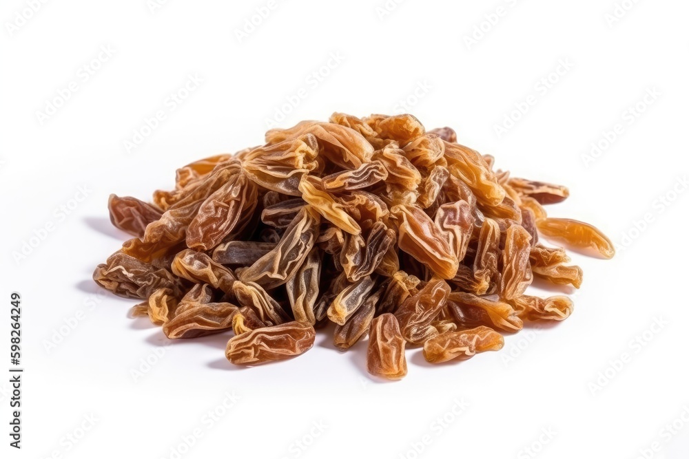 Poster pile of dried grapes on a plain white background. generative ai generative ai