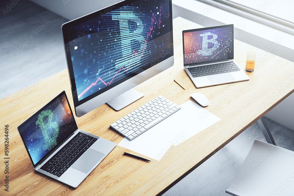 Poster creative bitcoin concept on modern computer monitor. 3d rendering