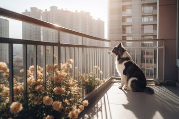 Bored pet dog looking out from balcony of high rise home apartment with morning sun rays, Created with Generative AI technology. - obrazy, fototapety, plakaty