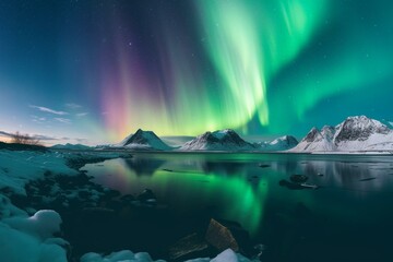 Fototapeta na wymiar Panoramic landscape with colorful sky, water, and rocky mountains under aurora borealis. Fantasy seascape wallpaper. Generative AI