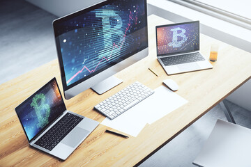 Creative Bitcoin concept on modern computer monitor. 3D Rendering