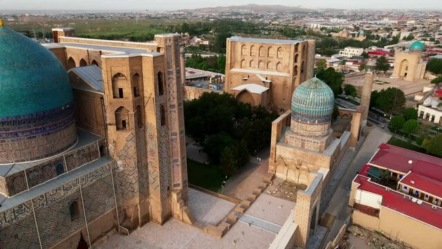 Samarkand, Uzbekistan aerial view of Bibi Khanym Mosque. Main place of worship and dedicated to Timur's favorite wife, Sarai Mulk Khanum