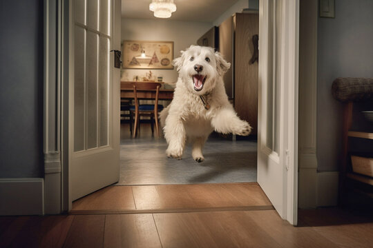 Excited and happy dog at home door entrance greeting the arrival of her master. Created with Generative AI technology.