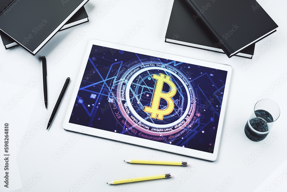 Poster modern digital tablet monitor with creative bitcoin symbol. cryptocurrency concept. top view. 3d ren