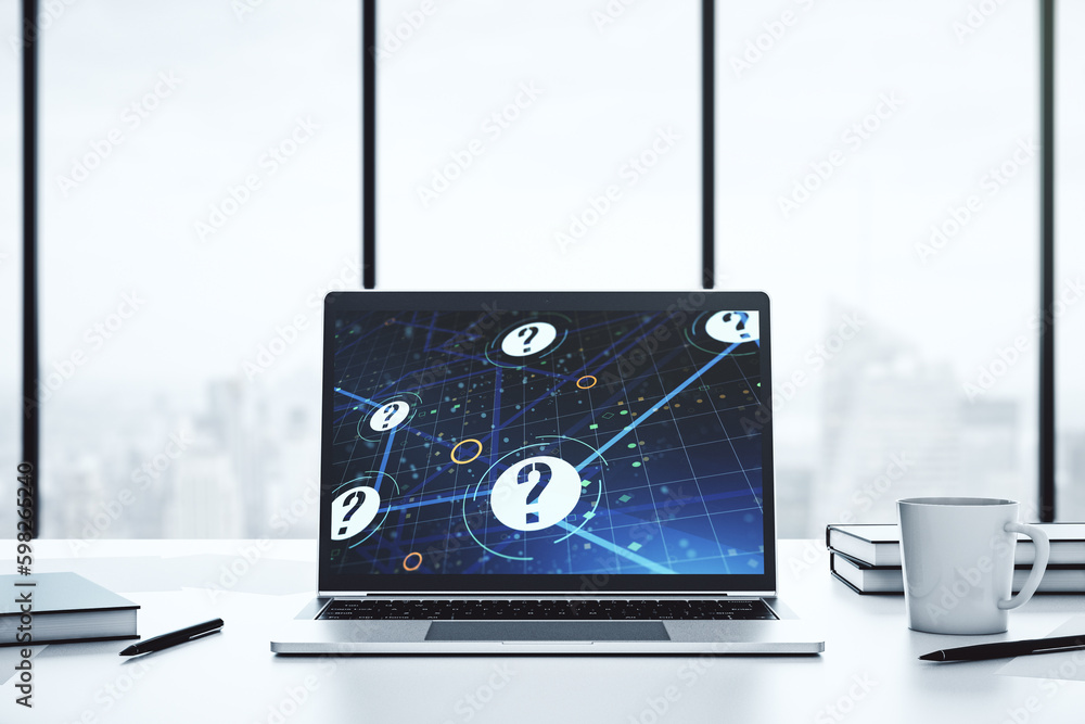 Aufkleber creative concept of question mark illustration on modern laptop screen. faq and search concept. 3d r