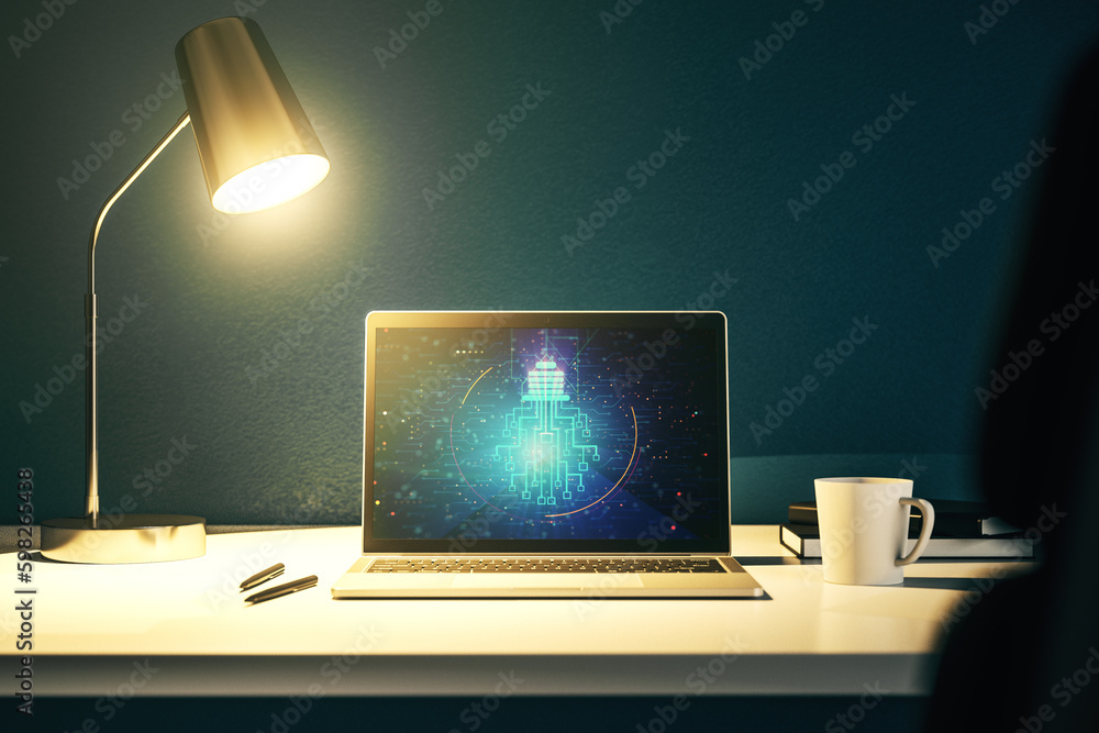 Aufkleber creative light bulb with chip hologram on modern laptop monitor, artificial intelligence and neural 