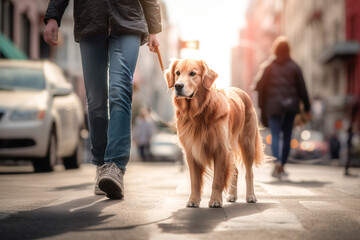 Obedient golden retriever pet dog with leash walking in busy city street with owner during summer. Created with Generative AI technology.