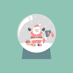 merry christmas and happy new year with cute santa claus, candy cane and present gift in crystal ball, flat vector illustration cartoon character costume design
