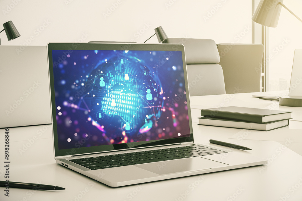 Poster Social network media concept with world map on modern computer monitor. 3D Rendering