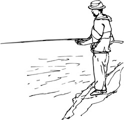 A bearded fisherman in a hat stands on the shore with a fishing rod and catches fish
