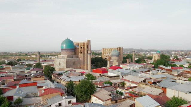 Samarkand, Uzbekistan aerial view of Bibi Khanym Mosque. Main place of worship and dedicated to Timur's favorite wife, Sarai Mulk Khanum