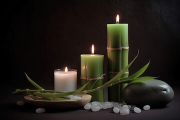 Spa still life with burning bamboo candles, stones and blur background