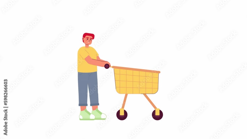 Poster animated man with shopping trolley. smiling boy on grocery shopping isolated 2d cartoon flat charact