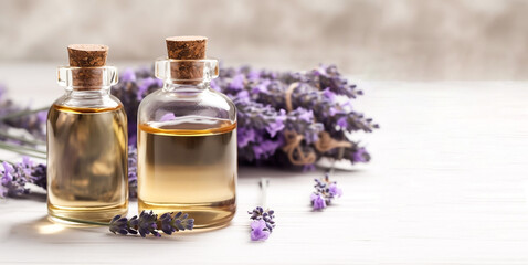 Bottles of essential oil for aromatherapy, alternative medicine or perfumery and a bouquet of fresh lavender on a light abstract background. Side view, close-up. - obrazy, fototapety, plakaty
