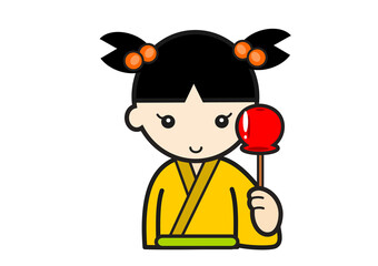 りんご飴を持つ浴衣の女の子