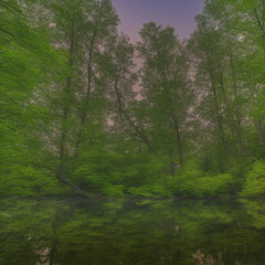 Fototapeta premium Drawing of a beautiful lake in the forest created with Generative AI