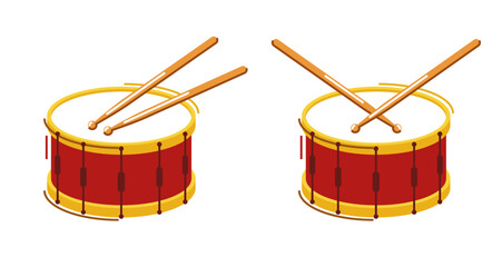 Drum musical instrument vector flat illustration isolated over white background, snare drum design. - obrazy, fototapety, plakaty