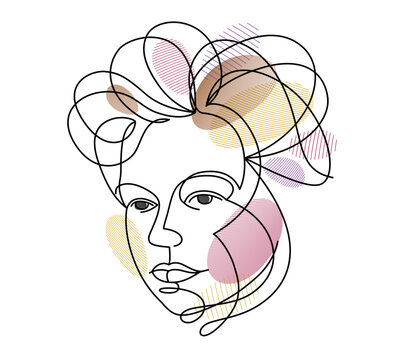 recommend clip art: Beautiful face of attractive woman vector linear drawing, sensitive emotional line art adult girl portrait, feminine abstract face line art.