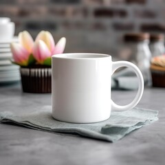 Coffee mug, a white cup on a table with flowers. Styled photo, product mockup, created with Generative AI technology Generative AI - 598267020