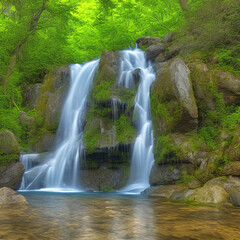 Fototapeta premium Painting of waterfalls in the forest created with Generative AI