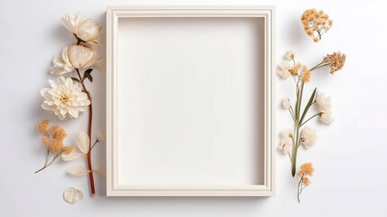 Mockup of picture frame decorated with spring flowers clean space for text on white background